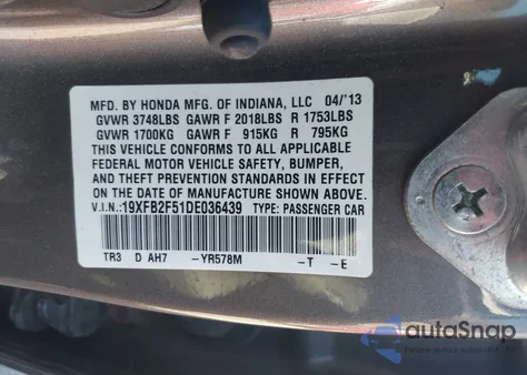 2013 Honda Civic Lx from USA, damaged, VIN 19XFB2F51DE036439